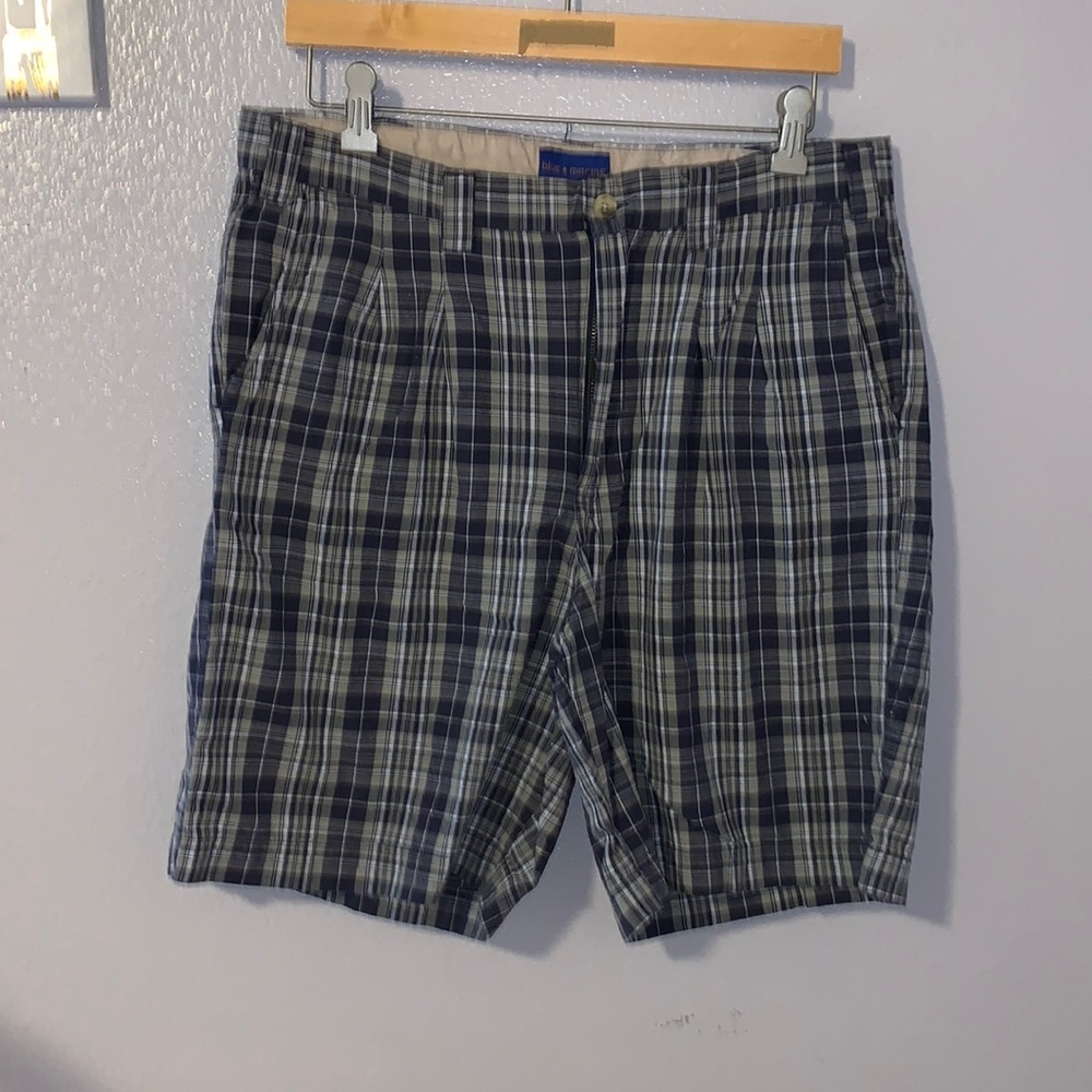 Blue Marine blue plaid cotton pleated summer shorts 34
